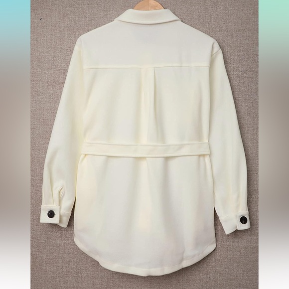 Cream Pocket Button Belted Wrap Button long sleeve Brush Utility fitted Shacket - Picture 9 of 10